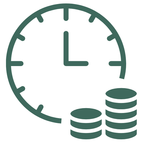 Clock with coins next to it.